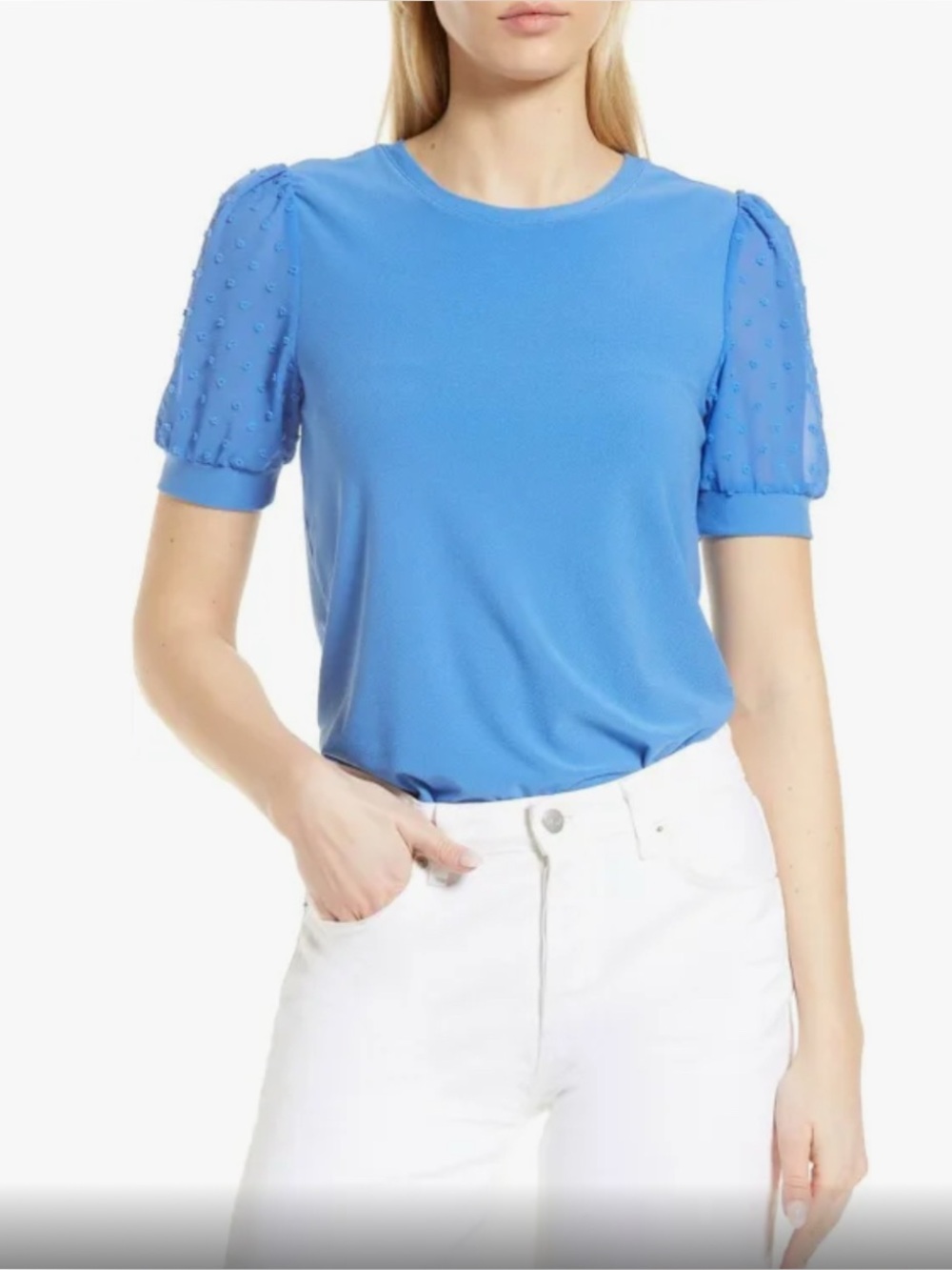 CeCe Periwinkle/Blue Dot-Texture Sheer Puff Sleeve Top